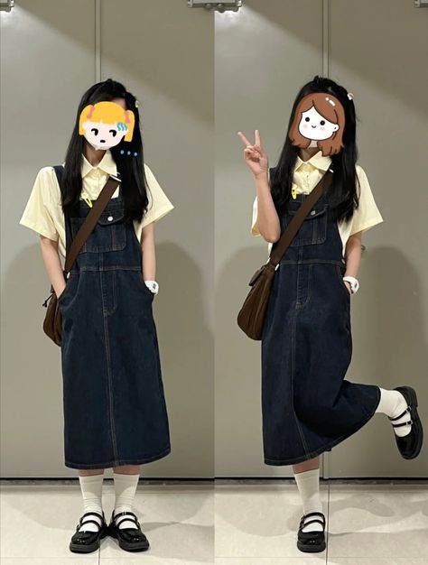 Summer Streetwear Jean Overalls, Korean Fashion Overalls, Overalls Korean, Spring Streetwear Denim Overalls, Jumper Skirt Outfit Denim Korean, Denim Overall Dress, Downtown Outfits, Black Pink Instagram, Cute Korean Girl