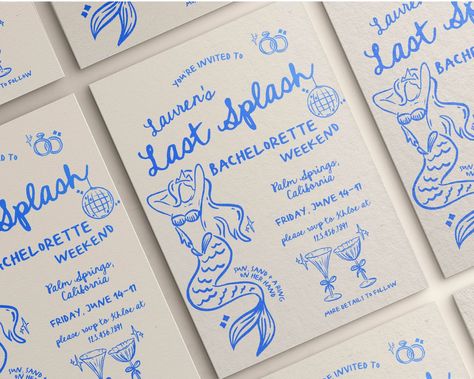 Introducing our Whimsical Hand-Drawn Style beach themed mermaid in cocktail "Last Splash" Beach Bachelorette Itinerary Double Sided Invitation Editable Template - the perfect way to set the tone for a joyous and intimate celebration. This charming template features delightful, hand-drawn illustrations that exude a playful elegance, ensuring your guests feel the love and excitement from the moment they receive their invitation. The fully editable color palette adds a touch of romance, while the f Mermaids And Matrimony, Cruise Bachelorette Party Ideas, Last Splash Bachelorette Party, Last Splash Bachelorette, Mermaid Bachelorette Party, Last Splash, Beach Bach, Mermaid Bachelorette, Bachelorette Beach