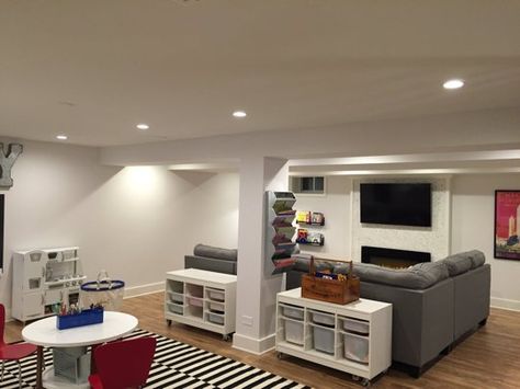 Before & After: Lacey's Multifunctional Basement — The Big Reveal Room Makeover Contest 2015 | Apartment Therapy Basement Upgrades, Basement Layout, Basement Playroom, Basement Inspiration, Basement Reno, Basement Living Rooms, Diy Basement, Basement Family Room, Basement Apartment