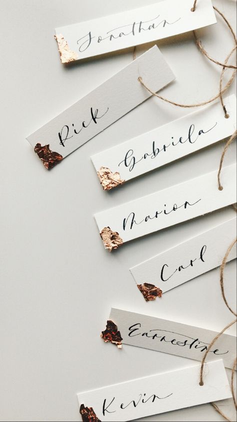 neutral palette place tags with modern scripted calligraphy lettering and metallic copper foil on left corner. Name Tag Design Wedding, Calligraphy Name Tags, Gift Name Tag Ideas, Name Tags For Wedding Tables, Boho Name Tags, Name Tag Design Ideas, Dinner Name Tags, Recruitment Name Tags, Name Tags Ideas