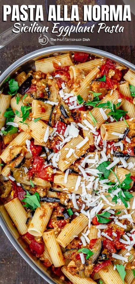 Easy, all-star pasta alla norma recipe (eggplant pasta recipe) with tender roasted eggplant and a hearty, aromatic tomato sauce. Pro tips & video included. Pasta Norma, Eggplant Recipes Pasta, Meatless Entrees, Star Pasta, Recipe Eggplant, Eggplant Pasta, Eggplant Recipes Easy, Mediterranean Foods, Comfort Pasta