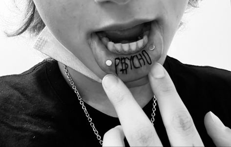 lip tattoo ideas idea psycho p$ycho Toxic Tattoo, Lip Tattoos, Finger Tattoos, Blackwork, Dog Tag Necklace, Tatting, Tattoo Ideas, Piercings, Tattoo Designs