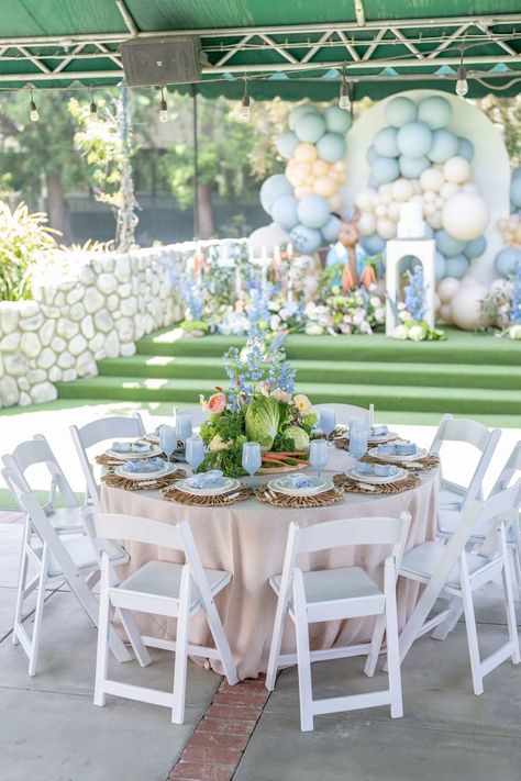 Petter Rabbit Theme 1st Birthday — Event Du Jour Peter Rabbit Centerpiece Ideas, Peter Rabbit Theme Party, Peter Rabbit First Birthday, Rabbit Theme, Flower Table Decorations, Bunny Birthday Party, Peter Rabbit Birthday, Peter Rabbit Party, Rabbit Nursery