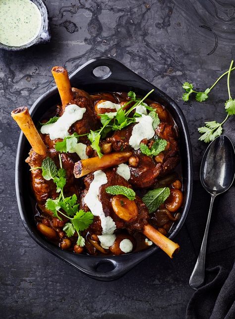 Meaty lamb shanks get braised in Moroccan spices, pomegranate molasses and tomatoes until they’re fall-off-the-bone tender. Perfect for the cooler nights ahead. Lamb Tagine Recipe, Moroccan Lamb Tagine, Dinner Party Mains, Lamb Pasta, Lamb Tagine, Lamb Shank Recipe, Lamb Shank, New Zealand Food, Love Me Tender