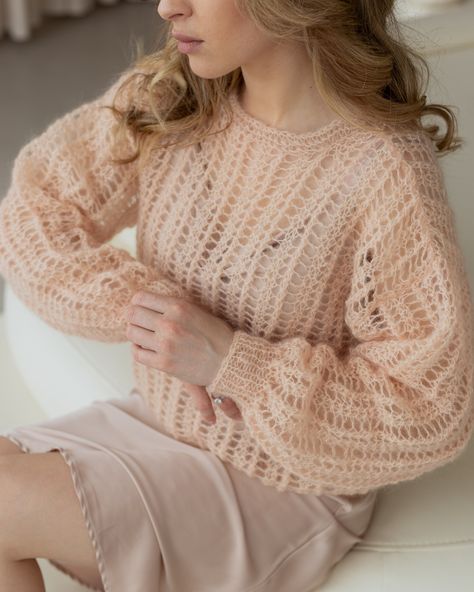 "crochet mohair sweater women, pastel airy sweater, hand knit beige lightweight sweater, chunky knit cozy sweater, womens knitwear, chunky knit sweater, loose knit sweater, mohair pullover DETAILS *.   100% handmade *.   Premium Kid Mohair + Silk *    22 colors are available ( available for any combination). Further colors can be provided on demand.    Color tones can vary due to your laptop (computer) brand and/or monitor settings. We are trying to take the best pictures and show you, how exactly the item will look. Model height 168cm/67\" and wearing size L **Sweater measurements are taken in a horizontal position and without stretching.  All measurements are done by hand, so there may be an error of 2-3 cm. CARE * Wash woolen clothes at 30-40Cº only with a detergent designed specificall Mohair Sweater Knit, Woolen Clothes, Womens Knitwear, Knitwear Collection, Pastel Sweater, Fancy Suit, Sheer Sweater, Sweater Chunky, Mohair Knit