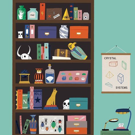 Dollhouse Design, Fantasy Shop, 2d Illustration, Bookcase Styling, Illustration Typography, Crystal System, Contemporary Illustration, Grid Layouts, Penguin Random House