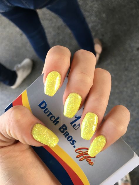 Yellow Nails Sparkle, Yellow Sparkly Nails, Yellow Sparkle Nails, Yellow And Silver Nails, Yellow Prom Nails, Yellow Glitter Nails, Senior Nails, White Sparkle Nails, Green Hair Dye