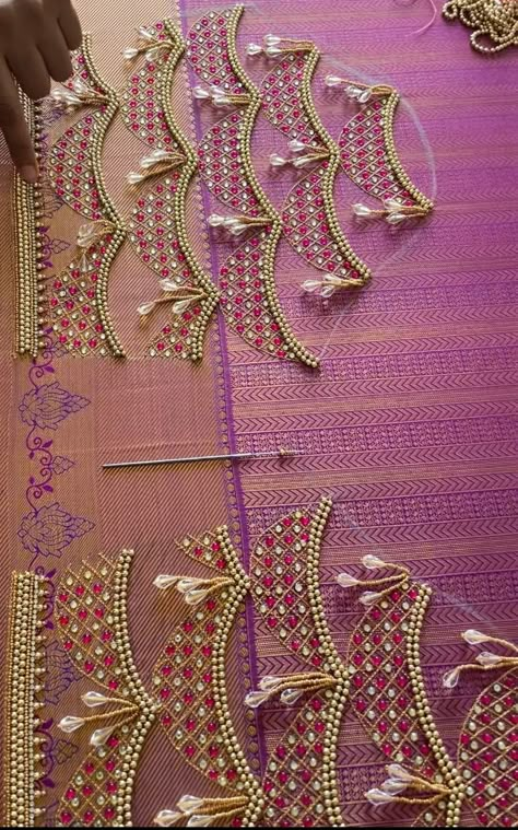 Gold Color Aari Work Blouse, Aari Wrk Blouse Designs Simple, Sleeve Aari Designs For Blouse, Aari Work Blouse Neck Designs, Aari Sleeve Designs For Blouse, Sleeve Aari Work Design, Aari Work Blouse Wedding, Magam Work Designs, Magam Work