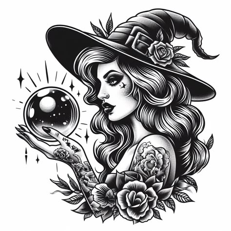 Witch Lady Head Tattoo, The Witch Tarot Card, Witch Tattoo Ideas Witchcraft, Ants Tattoo, Witch Hat Tattoo, Crystal Ball Tattoo, Ant Tattoo, Gothic Drawings, Medieval Tattoo