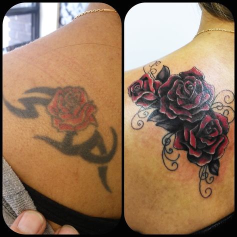 #coverup #tribal #tattoos #realisticroses #roses #tattoos Black And Red Rose Tattoo Cover Up, Big Cover Up Tattoos For Women, Dark Tattoo Cover Up Ideas For Women, Big Cover Up Tattoos, Cover Up Tattoos Before And After, Tattoo Coverups, Rose Tattoo Cover Up, Roses Tattoos, Cover Up Tattoos For Women