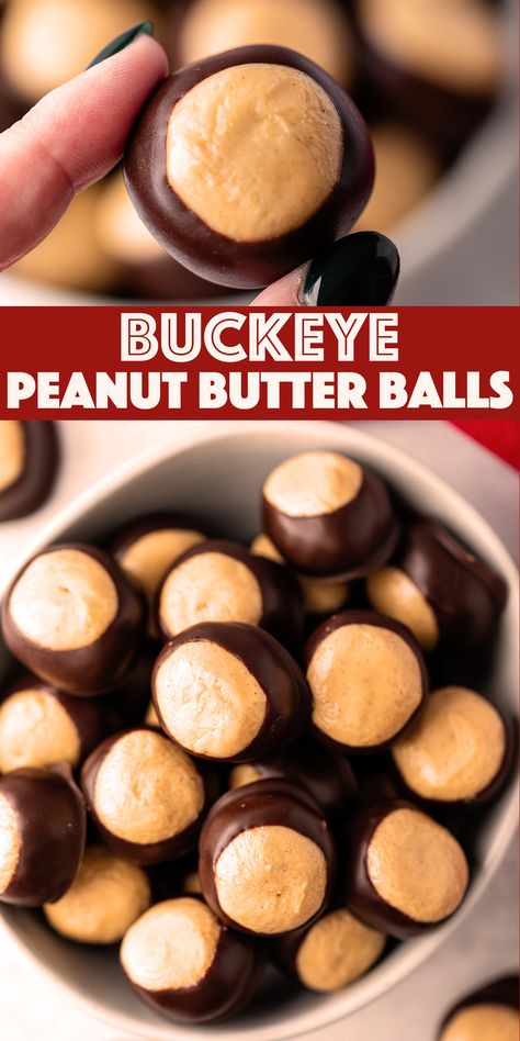 Buckeye Peanut Butter Balls - creamy peanut butter candy balls dipped in smooth melted chocolate. The easiest homemade candy recipe! White Chocolate Peanut Butter Balls, Buckeye Peanut Butter Balls, Vampire Dinner, Peanut Butter Chocolate Balls, Dessert List, Peanut Butter Balls Easy, Pops Recipes, Buckeye Balls, Buckeyes Recipe