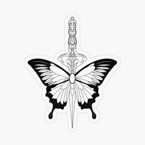 Get my art printed on awesome products. Support me at Redbubble #RBandME: https://www.redbubble.com/i/sticker/Butterfly-Dagger-Tattoo-Design-by-HelenaMorpho/54876181.O9UDB?asc=u Butterfly And Dagger Tattoo, Dagger Butterfly Tattoo, Butterfly Dagger Tattoo, Under Knee Tattoo, Dagger Tattoo Design, Palm Size Tattoos, Tattoo Papillon, Tatuaje Cover Up, Decorative Butterfly