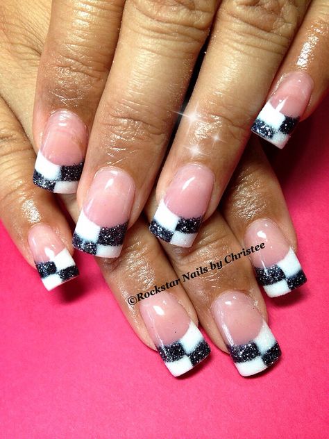 Rockstar Acrylic Nails by Christee w/ checkers design Checkered Flag Nails Racing, Motocross Nails, Checkered Flag Nails, Race Car Nails, Nascar Nails, Racing Wedding, Rockstar Nails, Demo Derby, Nail Black