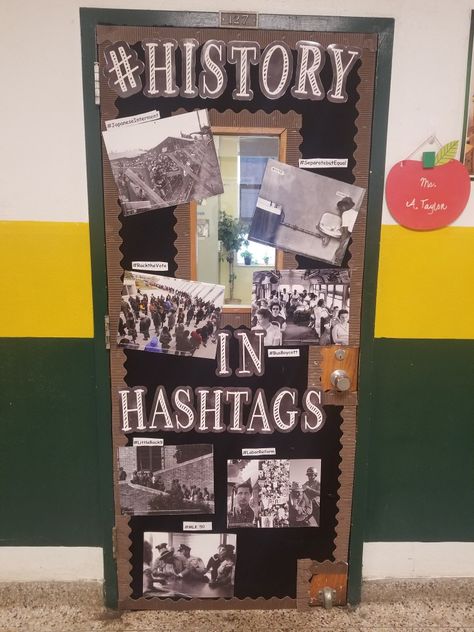 Classroom Door Ideas-History Teachers History Board Ideas, History Classroom Door Ideas, Social Studies Classroom Door, History Door Decorations Classroom, High School History Classroom Decorating, History Door Decorations, History Teacher Aesthetic, Winter Classroom Display, History Bulletin Board Ideas