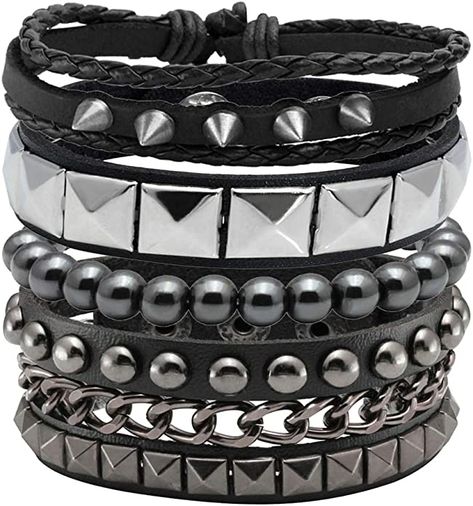 Amazon.com: Eigso 4 Pcs Punk Leather Bracelet Hematite Black for Men Women Adjustable Spike Metal Cuff Bangle: Clothing, Shoes & Jewelry Black Leather Bracelet Men, Scene Bracelets, Concert Outfit Rock, Emo Accessories, Scene Accessories, Metal Cuff Bracelet, Black Leather Bracelet, Emo Fashion, Mens Leather Bracelet