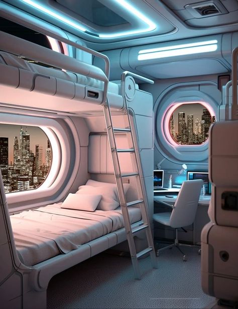 Spaceship Interior Design Concept Art, Futuristic Room Aesthetic, Cyberpunk House Interior, Spaceship Interior Bedrooms, Sci Fi Bedroom, Spaceship Room, Sci Fi House, Scifi Room, House 2 Bedroom