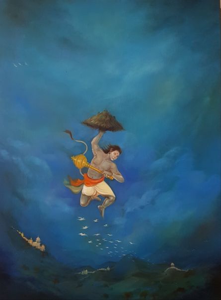 Lifeline Painting by artist Durshit Bhaskar | ArtZolo.com Divine Destiny, Bajrangbali Hanuman, Blue Oil Painting, Bal Hanuman, Jay Hanuman, The Bhagavad Gita, Ram Sita, Ram Wallpaper, Hanuman Ji Wallpapers