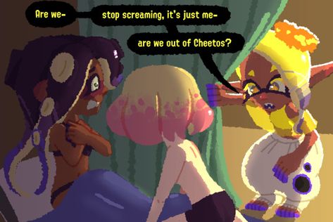 i like that the grand fest trailer included a tour bus that i assume all 3 groups share because i think they'd drive each other... – @clownowo on Tumblr Splatoon Splatfest Art, Fuzzy Octoling, Silly Drawings, Splatoon Squid, Pearl And Marina, Splatoon Games, Splatoon Memes, Splatoon 2 Art, Splatoon Comics