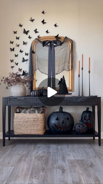 Christin Jipson on Instagram: "✨ Halloween Console Table ✨   I wasn’t sure if I was going to get a Halloween console styling done because we have been doing home projects lately. I am so happy I decided to do one!  Im sure you might have noticed that I reused some items from my fall table. I think it is a good way to not have to completely change everything when you want a new look. Plus it is budget friendly 😉  I will try to link what I can. I made the witch hat and have a reel for that if you want to watch. The pumpkins were plastic and I painted them black. The stems are Kirklands but I can only find in store. 🤍  ✨ Find links in my LTK and Amazon Storefront  ✨ Follow @christingracehome for more home decor  #halloween #halloweenconsoletable #halloweenconsolestyling #studiomcgee #studio Halloween Console Table Decor, Halloween Console Table, Halloween Entry Table, Round Entry Table, Studio Mcgee Target, Console Styling, Home Decor Halloween, Console Table Decorating, Amazon Storefront