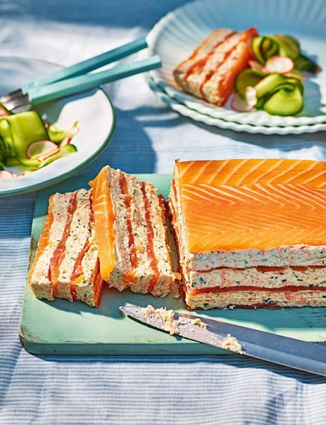 Salmon and dill terrine with cucumber and radish salad recipe | Sainsbury's Magazine Fish Terrine Recipe, Salmon Terrine Recipes, Cucumber And Radish Salad, Radish Salad Recipe, Cucumber Radish Salad, Salmon Terrine, Salmon Dill, Terrine Recipe, Flaked Salmon