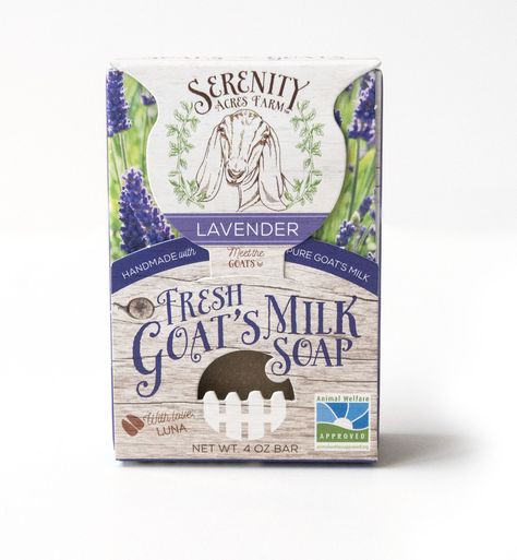 Serenity Acres Farm – Goat's Milk Soap — The Dieline - Branding & Packaging Milk Cosmetics, Milk Branding, Cocoa Puffs, Milk Brands, Milk Packaging, Soap Packing, Goat Farming, Graphic Design Packaging, Goat Milk Soap