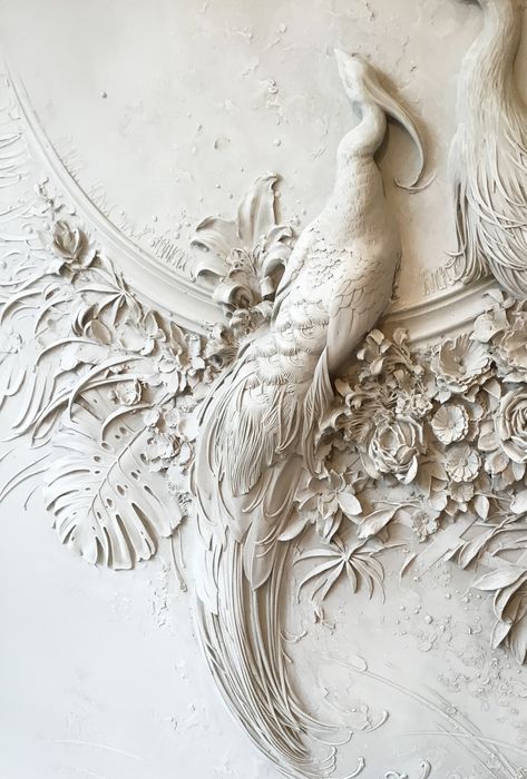 Interior Bas-Relief Sculptures of Peacocks and Lush Florals by Goga Tandashvili | Colossal Relief Wallpaper, Baroque Embroidery, Drywall Art, Wall Art Mural, Fantasy Wallpaper, Wallpaper Wall Art, Polymer Flowers, Plaster Wall Art, Bedroom Murals