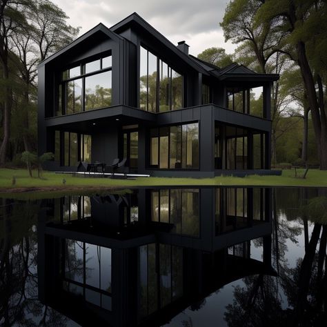 Exterior Lake House, Dark Green Exterior, All Black House, Dark Modern Home, Black Luxury House, Matte Black House, Black Modern House, Dark Modern House, Dream House Pictures