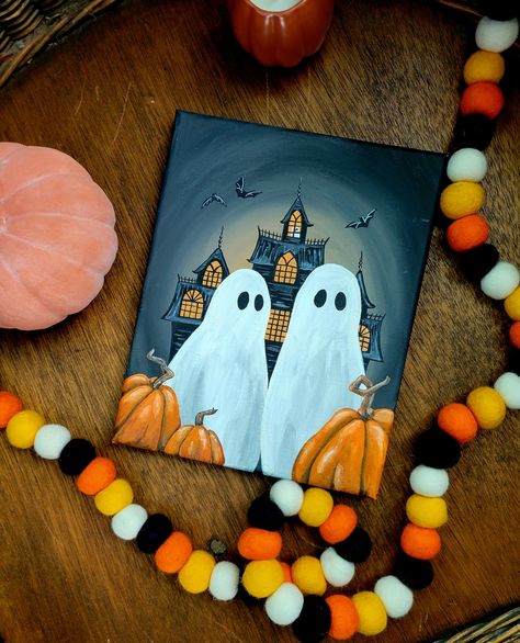 ORIGINAL Spooky Gothic Acrylic on Canvas - Etsy Spooky Season Canvas Painting, Spooky Paint Night Ideas, October Painting Ideas Easy, Fall And Halloween Paintings, Halloween Sip And Paint, Acrylic Halloween Paintings, Halloween Paint Night Ideas, Fall Paint And Sip, Diy Halloween Paintings On Canvas