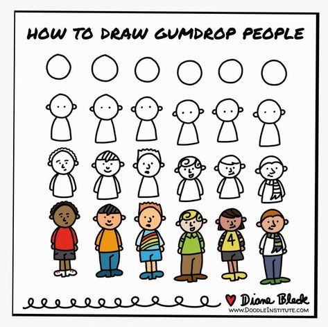 ✨Diane Bleck✨ on Instagram: “Ready for more Gumdrop people.  How to Draw Gumdrop People  #thedoodleshow #doodlewithDiane #visualstorytelling #neulandmarkers…” Human Doodle People, Simple People Drawings, Human Doodle, Cartoon Hairstyles, White Board Drawings, Drawing Shapes, Doodle People, People Drawings, English Learning Books