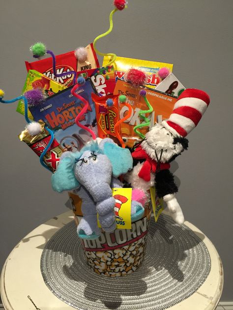 Made this for our Middle School Drama Club .       Seussical The Musical Movie Basket Dr Seuss Gift Basket, Movie Basket, Dr Seuss Gifts, Middle School Drama, Raffle Basket, Musical Gift, Dr Suess, Drama Club, Silent Auction