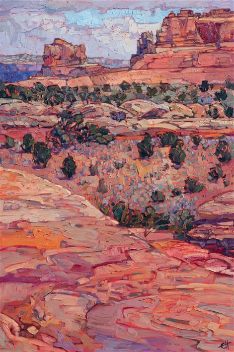 Western red rock landscape oil painting of Canyonlands National Park, by modern impressionist Erin Hanson Western Art Inspiration, Badlands Painting, Zion Paintings, Desert Landscape Ideas, Modern Impressionist Art, Erin Hansen, Western Art Paintings, Oil Landscape Paintings, Red Landscape