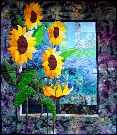 Sunflower Quilt, Wall Quilt Patterns, Sunflower Quilts, Landscape Art Quilts, Landscape Quilt, Quilt Modernen, Applique Quilt Patterns, Flower Quilts, Quilt Art