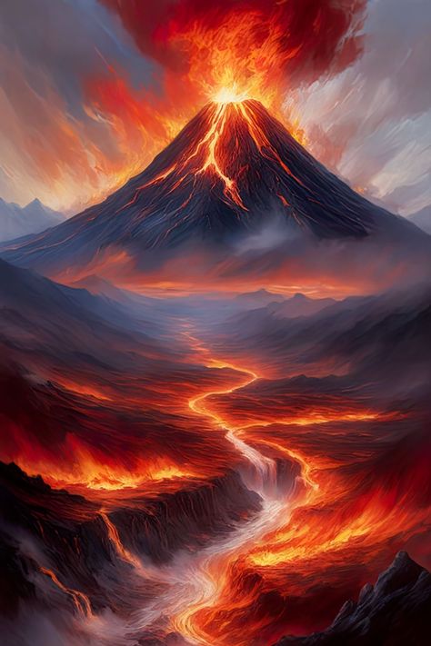 Volcano Eruption Painting, Power Of Nature Art, Lava Wallpapers, Lava Painting, Lava Planet, Volcano Painting, Volcano Wallpaper, Fire Planet, Land Painting