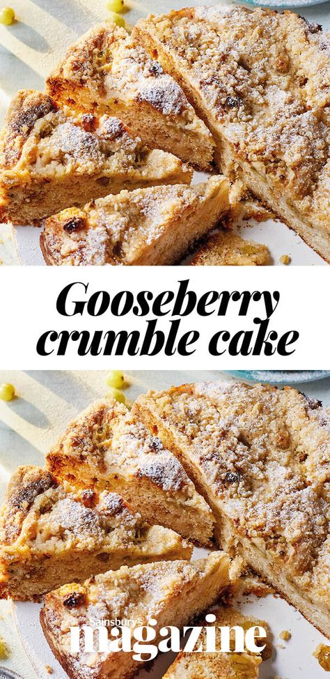 Gooseberries can be very tart but work well in a sweet cake like this, with a delicious crumble topping Gooseberry Cake Recipes, Gooseberry Recipes Desserts, Gooseberry Cake, Allotment Recipes, Crumble Cake Recipe, Gooseberry Recipes, Magazine Recipe, Recipes Fruit, British Desserts