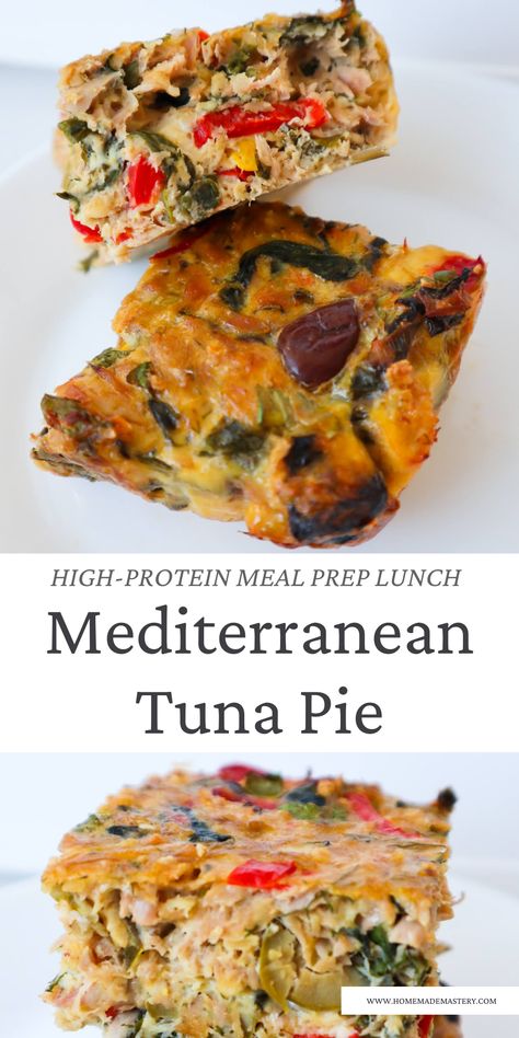 Make this Mediterranean tuna pie for breakfast, lunch or dinner - this simple canned tuna recipe is high-protein and meal prep friendly! Best Canned Tuna Recipes, Tuna Spinach Recipes, Tuna And Tofu Recipes, Tuna Frittata Recipes, Canned Tuna Recipes Gluten Free, Egg Tuna Recipes, High Protein Lunch Tuna, Mediterranean Canned Tuna Recipes, Tuna Souffle Recipes