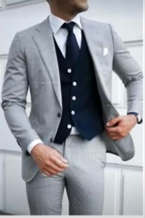 Three Piece Suit Mens Wedding, Three Piece Suit Mens, Grey Suit Jacket, Slim Fit Suit Men, Blue Vest, Grey Suit, Blue Vests, Tuxedo Suit, Slim Fit Suit