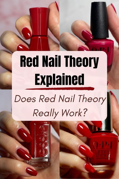 Red Nail Theory Explained: Does Red Nail Theory Really Work? Text overlay swatches of 4 red nail polish colors Red Nail Gel Color, Red Nail Manicure Ideas, Best Red Gel Nail Polish Dnd, Best Nail Color For Red Hands, Lava Red Nails, Red Nails Solid Color, 1950s Red Nails, Red Nail Polish For Fair Skin, Perfect Red Nail Polish