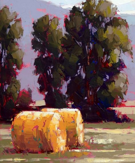 Red Underpainting, Hay Bale Painting, David Mensing, Cody Wyoming, Colorful Landscape Paintings, Barn Wall Art, Farm Paintings, Missoula Montana, Buffalo Bill