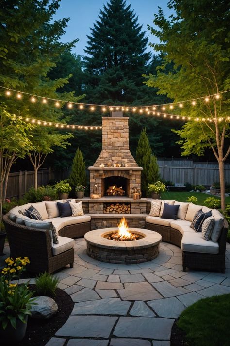 20 Super Cozy Outdoor Fireplaces For Your Backyard - Toolz Geek Medium Sized Backyard Ideas, Fireplace In The Garden, Backyard Patio And Fire Pit Ideas, Full Backyard Design, Landscape Fire Pit Ideas, Outdoor Sitting Area With Fire Pit, Backyard Gas Fire Pit Ideas, Backyard Landscaping With Fire Pit, Half Acre Backyard Ideas