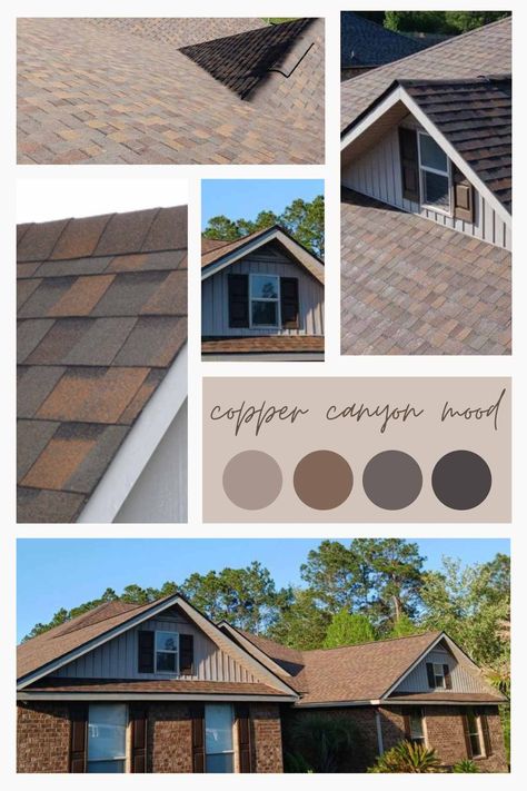 Atlas StormMaster Shingle in the color Copper Canyon on a home with tan siding and brown shutters🏡 Mixed Roofing Materials, Roofing Colors How To Choose, Tan Siding, Solar Shingles Roof Tiles, Brown Shutters, Plastic Slate Roof Tiles, Tile Roof Restoration, Brown Roof, Roof Paint