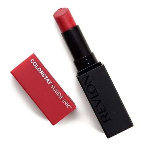 Revlon In the Zone ColorStay Suede Ink Lipstick ($12.39 for 0.08 oz.) is a medium-dark burgundy-red with subtle, cool undertones and a matte finish. Semi-opaque coverage IF warmed up Very stiff/firm texture, tugged painfully Felt lightweight but clingy, prone to emphasizing texture Long-wearing (8 hours, plus stain), lightly drying Revlon Bread Winner ColorStay Suede Ink Lipstick ($12.39 for 0.08 oz.) is a vivid, ruby red with strong, cool undertones--veering almost pink--paired with a matte fin Mac Ruby Woo, Revlon Lipstick, Revlon Makeup, Revlon Colorstay, Bite Beauty, Cool Undertones, Lip Brush, Lipstick Swatches, Revlon