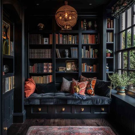 Dream Library Cozy Reading Room, Reading Room Ideas Cozy, Bookshelves Aesthetic, Cozy Home Library, Home Library Rooms, Gothic Interior, Dark Home Decor, Home Library Design, Reading Nooks