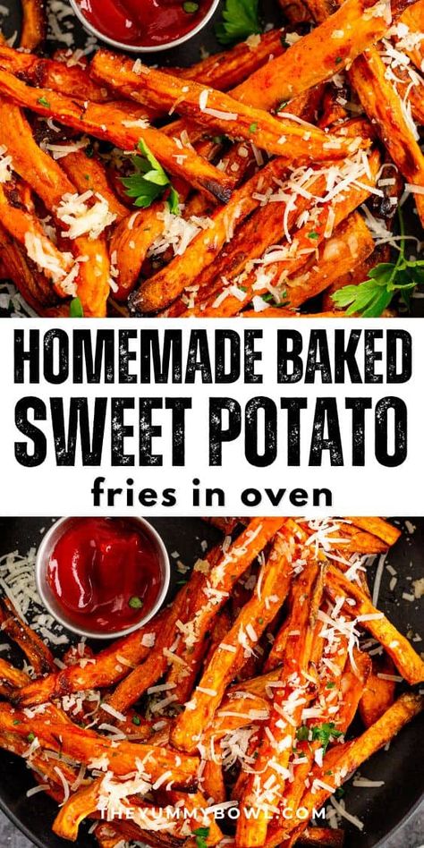 Treat yourself to the deliciousness of these oven-baked Sweet Potato Fries. They're perfectly seasoned, baked until they're wonderfully golden crispy, and finished off with a sprinkle of Parmesan cheese – a truly delightful snack! Plus baking fries in the oven is a healthier alternative to regular French fries. Baked Sweet Potato Fries Oven, Garlic Parmesan Sweet Potato Fries, Baked Sweet Potatoes In The Oven, Sweet Potato Fries Oven, Parmesan Sweet Potato Fries, Sweet Potato Fries Seasoning, Oven Baked Sweet Potato Fries, Potatoes Dishes, Yam Fries