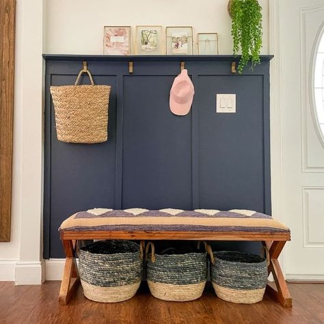 Paneling In Entryway, Board And Batten Shoe Storage, Painted Board And Batten Entryway, Board And Batten Entry Wall With Hooks, Board And Batten Mudroom Wall With Hooks, Easy Board And Batten Wall Entryway, Hallway Panelling With Hooks, Small Space Board And Batten, Front Hall Accent Wall