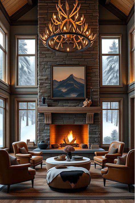 Inviting rustic living room featuring neutral sectional and vibrant accents Lodge Decor Living Room, Modern Lodge Decor, Rustic Living Room Colors, Mountain Living Room, Cabin Living Room Decor, Mountain Chic, Rustic Living Room Ideas, Living Room Center, Mountain Interiors