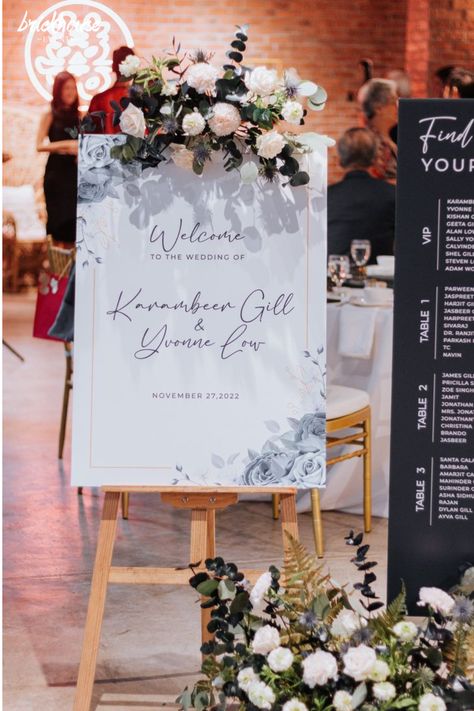 Customised welcome board with floral decoration on easel stand. Wedding Welcome Board Ideas, Welcome Board Ideas, Elegant Black And White Wedding, Simple Stage Decorations, Wedding Welcome Board, Welcome Board, Welcome Boards, Easel Stand, Wedding Entrance