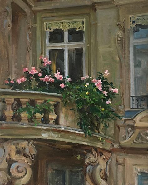 Pretty Oil Paintings, Old Money Painting Ideas, Ma As A Painting, Oil Painting Widget, France Oil Painting, Balcony Drawing Reference, Painting Ideas On Canvas Oil Paint, Art Oil Paintings Aesthetic, Flower Wallpaper Painting