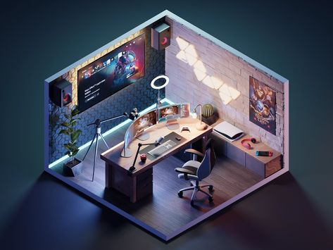 Streaming Room by Roman Klčo on Dribbble Streaming Room Design, Streaming Room Ideas, Streaming Room, Tech Room, Small Game Rooms, Creative Market Design, 3d Floor Plan, Home Studio Setup, 3d Floor