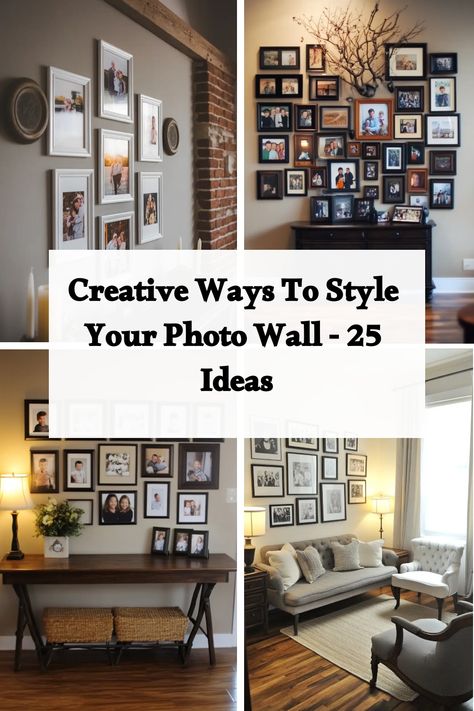 Transform your living room with these stunning photo wall collage ideas. Create a personalized space that showcases your memories in a creative way. From vibrant colors to monochromatic themes, the options are endless when it comes to designing your own photo wall collage. Whether you prefer a minimalist look or want to make a bold statement, explore these inspiration images for unique and stylish photo walls that will bring life to your living room. Hallway Family Picture Ideas, Wall Frame Collage Ideas, Family Pictures On Mantle, Gallery Wall With Photos And Art, Art Wall Ideas Living Room, Living Room Wall Decor Ideas Pictures, Family Photos Wall Display, Family Photo Wall Collage Living Rooms, How To Display Photos