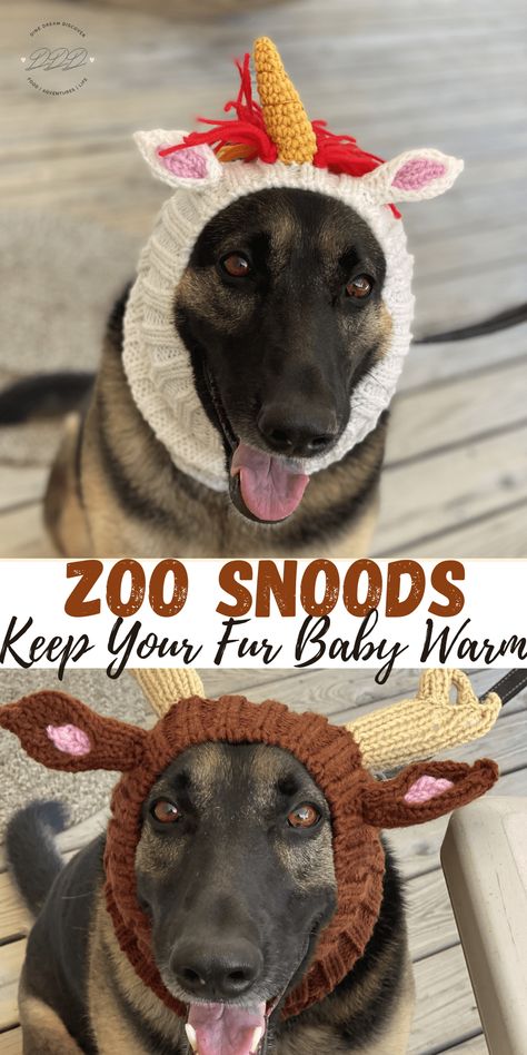 Zoo Snoods are knit snoods made especially for dogs. With many different styles to choose from in different sizes, your fur baby will stay warm in style. Free Crochet Dog Snood Patterns, Free Crochet Pattern For Dog Snood, Dog Crochet Snood, Dog Headband Crochet, Crochet Snood For Dogs, Knitted Dog Hat Free Pattern, Things To Crochet For Dogs, Crochet Dog Hat Free Pattern Large, Dog Snood Crochet Pattern Free